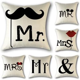 Pillow Love Couple Heart Linen Throw Case Letter Mr And Mrs Cover For Home Wedding Decoration Pillowcases