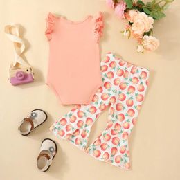 Clothing Sets Born Infant Baby Girl Spring Outfits Ruffle Sleeve Romper Tops Peach Print Bell Bottom Pants Summer Clothes Set