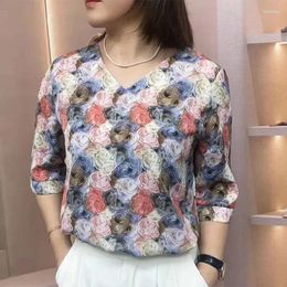 Women's Blouses Clothing Fashion Colourful Rose Shirt Printed Spring Summer Casual Half Sleeve Elegant V-Neck Vintage Daily Loose Blouse