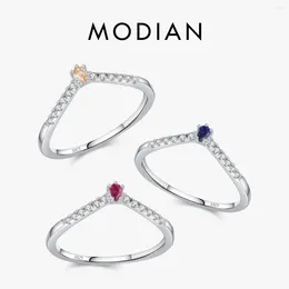 Cluster Rings Modian 925 Sterling Silver Simple Arrow Shape Sweet Stackable Ring Rainbow Colour CZ Charm Finger For Women Jewellery Gifts