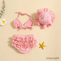 One-Pieces Fashion Summer Newborn Baby Girls Swimwear Bikini Set Cute Bowknot Hanging Neck Tops + Layered Ruffle Shorts + Hat Beachwear