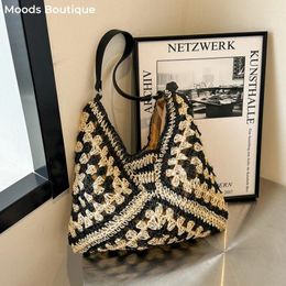 Drawstring MOODS Straw Woven Shoulder Bags For Women Geometric Large Capacity Shopper Totes 2024 Summer Travel Beach Handmade Handbags