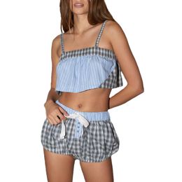 Women Plaid Print Pajama Set Summer Sexy Sleepwear Pyjamas Women Sweet Soft Comfortable 2 Piece Home Suit Lounge Wear Lingerie