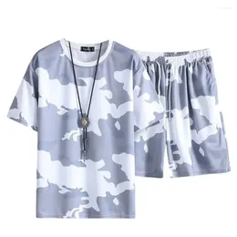 Men's Tracksuits Men Round Neck T-shirt Shorts Set Camouflage Print Sportswear With O-neck Drawstring Waist For Active