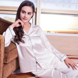 Home Clothing Demiesilk Women Two Piece Real Mulberry Silk Pajama Sets Long Sleeve Sleep Tops Pants Sleepwear 611102