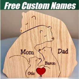 Animal Family Ornaments DIY Wood Carving Free Engraving Custom Name Figurines Home Bear Elephant Puzzle Mothers Birthday Gift 240409