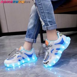 Sneakers 2023 Summer Sports Shoes Girls Boys Childrens Led Sports Shoes Mesh Breathable Casual Shoes USB Charging Childrens Led Sole Glowing Q240413