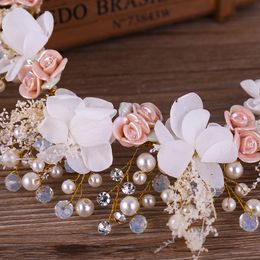 Gold Colour Flower Tiara Headbands For Women Bride Handmade Pearl Crystal Bridal Wedding Hair Accessories Hairbands Headpiece