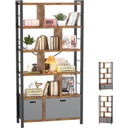 74-Inch-Tall Bookshelf, 6 Tier Bookcase with Drawers, Modern Bookshelf Display Standing Shelf Units with Storage, Wood and Metal