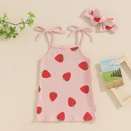 Girl Dresses Toddler Baby Girls Strawberry Print Dress Cute Tie-up Sleeveless Camisole With Headband 2pcs Set Summer Infant Outfits