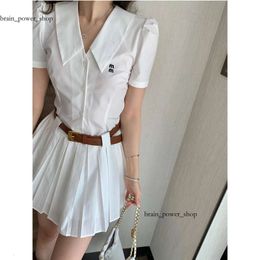 miui bag Dress Womens Designer High Quality Luxury Fashion Shirts Casual Whitedress Classic Fashion Embroidered V-neck with Belt Pleated Dresses 716