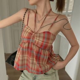 Womens Summer Plaid Tank Tops Spaghetti Strap Camisoles Scoop Neck Casual Outfits Y2K Blouses