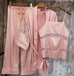 Home Clothing 5 Colours 2024 Fashion Spring Summer Women Silk Pyjamas Hollow Lace Splice Three-piece Suspender Trousers Sleepwear Nightwear