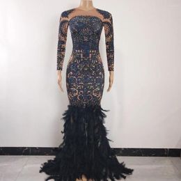 Stage Wear Shiny Rhinestones Black Feather Trailing Long Dress Women Prom Birthday Party Celebrate Floor Length Singer Costume