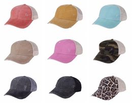 Ponytail Hats 9 Colours Washed Mesh Cross Back Leopard Camo Hollow Messy Bun Baseball Cap Trucker Hat CYZ31531633597