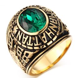 Stainless Steel Manhattan College Ring with Green CZ Crystal for Mens Womens Graduation GiftGold Plated US size 7115667201