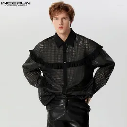 Men's Casual Shirts INCERUN Tops 2024 American Style Mens Chequered Mesh Ruffled Edge See-through Streetwear Long Sleeved Blouse S-5XL