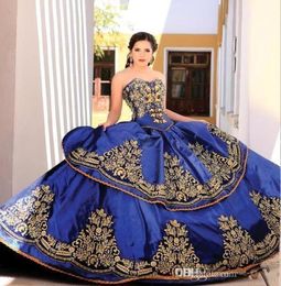 Vintage Sweetheart Satin Ball Gown Quinceanera Dresses Gold Lace Applique Embroidery Layered Beaded Floor Length Prom Dresses2324802