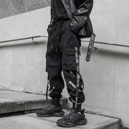 HOUZHOU Black Cargo Pants Men Joggers Cargo Trousers for Men Jogging Japanese Streetwear Hip Hop Hippie Techwear Gothic Ribbon 240329