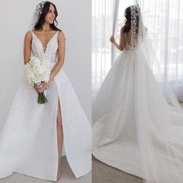 Linia Boho sukienka dla Bride v Szyjka cekiny Fulllace Suknie ślubne suknie ślubne Vestidos Novia uda podzielone plecy w kraju szacie de mariage es