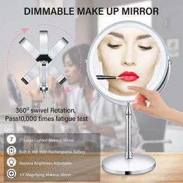 5X Magnified Lighted Makeup Double Mirror,7Inch Portable Battery LED Lights Cosmetic Desk Vanity Mirror For Bathroom