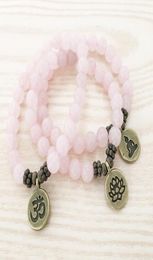 SN1107 Genuine Rose Quartz Bracelet Antique Brass Om Buddha Lotus Charm Bracelet Gift For Her6906272