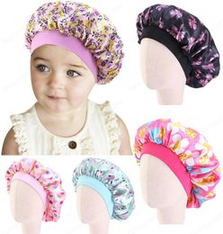 Kids Girls Sleep Cap Floral Print Satin Bonnet Turban Hat Night Sleeping Beanie Chemo Headwear Hair Care Cover Children Headwarp8344510