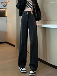 Women's Jeans Spring Autumn Double Buckle Simple Straight Korean Fashion Zipper High Waist Wide Leg Trousers Women Casual All-match Pant