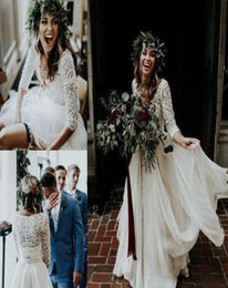 Cheap Long Sleeve Boho Wedding Dress Two Pieces A Line V Neck Bohemian Beach Country Garden Bridal Gown Custom Made Plus Size1144844