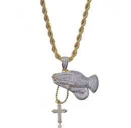 Prayer Hand with Cross Pendant Necklace Iced Out Full Zircon Necklace Hip Hop Gold Chain for Men Jewelry6970035