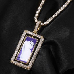 Top Quality Rotating Custom Photo Square Frame Pendant Necklace Hip Hop Full Iced Out Cubic Zirconia Fashion Personalised Diy Picture Couple Jewellery Gifts Collar