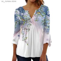 Women's Blouses Shirts Print Pleated Tunic Shirt V-neck 3/4 Slve Buttons Half Placket Loose Hem Women T-shirt Summer Floral 1 T240415