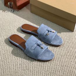 Slippers Top Quality Flat Tassel Fringe Metal Lock Comfortable Leisure Style Daily Walking Sapatos Mujer Blue Red Female Mules