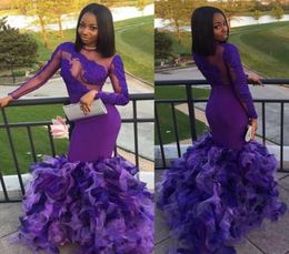 African Purple Long Sleeves Evening Dresses Sheer Neck Lace Appliques Tiered Tulle Mermaid Prom Dress Vestidos Black Girls Party G2113356