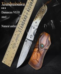 High Hardness Damascus Steel Portable Folding Pocket Knife Natural Antler Handle Outdoor Camping Survival Hunting Fishing SelfDef4992008