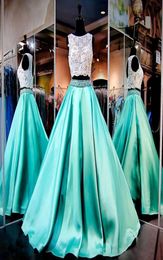 Gorgeous Two Piece Mint Green Prom Gowns Lace Crop Top Hollow Back Dresses Evening Wear Beading Crystals Ruffles Satin Robe De Soi1032218