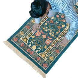 Portable Muslim Prayer Rug Thick Islamic Turkish Chenille Praying Mat Vintage Floral Leaves Pattern Woven Jacquard Tassel Gift