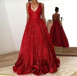 Red Sequins Ball Gown Prom Dresses Deep V Neck Spaghetti Straps Sequin Floor Length Backless Formal Dresses Sexy Evening Gowns Pro7832713