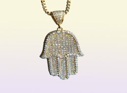 Boy Men Fatima Hamsa Hand Pendant Necklace Iced Out 5A Bling Cubic Zircon Thin Chain Hip Hop Gift Turkish Luck 6271780