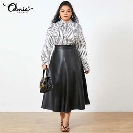 Plus Size Party Midi Skirt 2023 Autumn Women Solid Winter PU Leather Skirts Celmia Office Retro Long High Waist OL 240328