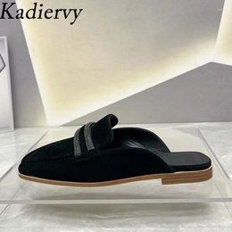 Slippers Luxury Kid Suede Women Square Toe Mules Shoes Woman Flat Slides Chain String Bead Fashion Comfort