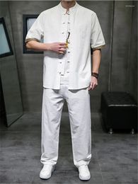 Men's Tracksuits 2 Pieces Summer Cotton Sets Men Chinese Style Solid Colour Casual Tracksuit Streetwear Mens Short Shirts Long Pants Plus