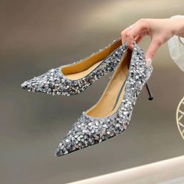 Dress Shoes Bling Sequin Party High Heels Genuine Leather Women Pumps Sexy Fashion Ladies Heel Silver Glitter Wedding