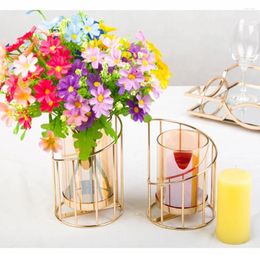 Candle Holders Plating Metal Stand Glass Candlestick Flower Vase Decor Table Centrepiece For Wedding Decortions Party Room Deco