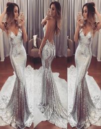 Amazing Silver Sparkling Prom Dress Sexy Deep VNeck Open Backless Sweep Train Formal Party Dresses 2017 New Fashion Evening Gowns1067822