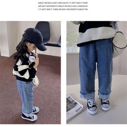Middle Small Kids Spring Autumn Casual Raw Edge Jeans Girls Loose Straight Pants Children's Foreign Flavour All-match Trousers