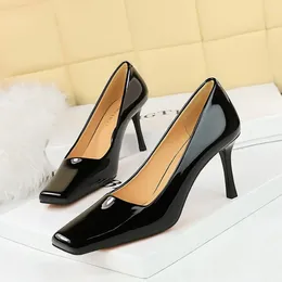 Dress Shoes Style Fashionable Minimalist Glossy Heels Patent Leather Thin High Shallow Cut Square Toe Single For Women's