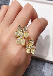Fashion 4Four Leaf Clover 3 Flowers Open Band Rings with Diamonds S925 Silver 18K Gold for WomenGirls Valentine039s Mother05692615
