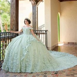 Mint Quinceanera Dress 2024 Princess Ball Gown Lace Appliques Beading Tull Sweet 15 16 Dress Off Shoulde Vestidos 15 De
