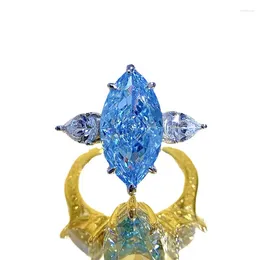Cluster Rings S925 SilverRing Luxury Setting 8 16 Sea Blue Treasure Ring High Carbon Diamond Horse Eye Versatile Jewelry